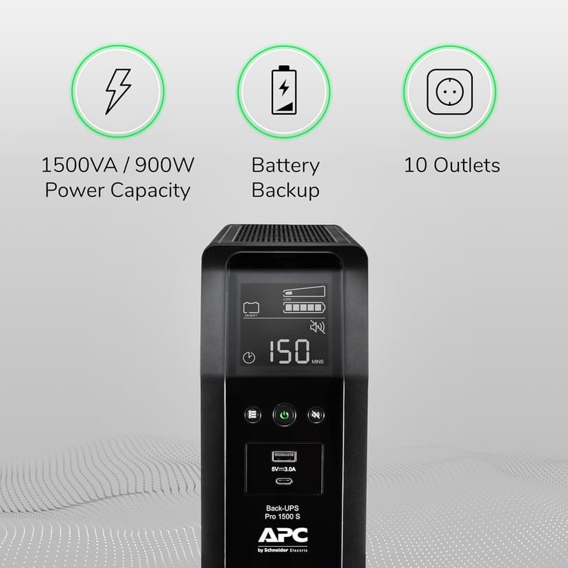 APC UPS 1500VA Sine Wave UPS Battery Backup, BR1500MS2 Backup Battery Power Supply, AVR, 10 Outlets, (2) USB Charger Ports