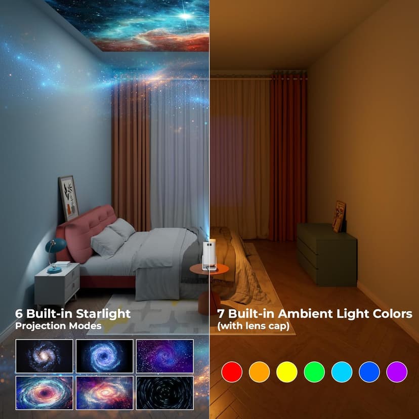 Portable WiFi and Bluetooth Projector - 4K 1080P Supported Mini Movie Projector, 270°Adjustable Stand Outdoor Home Theater Star Projector with Ambient Light for Phone TV Stick Laptop