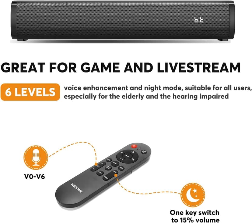 Wohome 2.1ch Small Sound Bars for TV with 6 Levels Voice Enhancement, Built-in Subwoofer, 16 Inches Bluetooth 5.3 Soundbar Speakers with Optical/AUX/USB Connection, S100