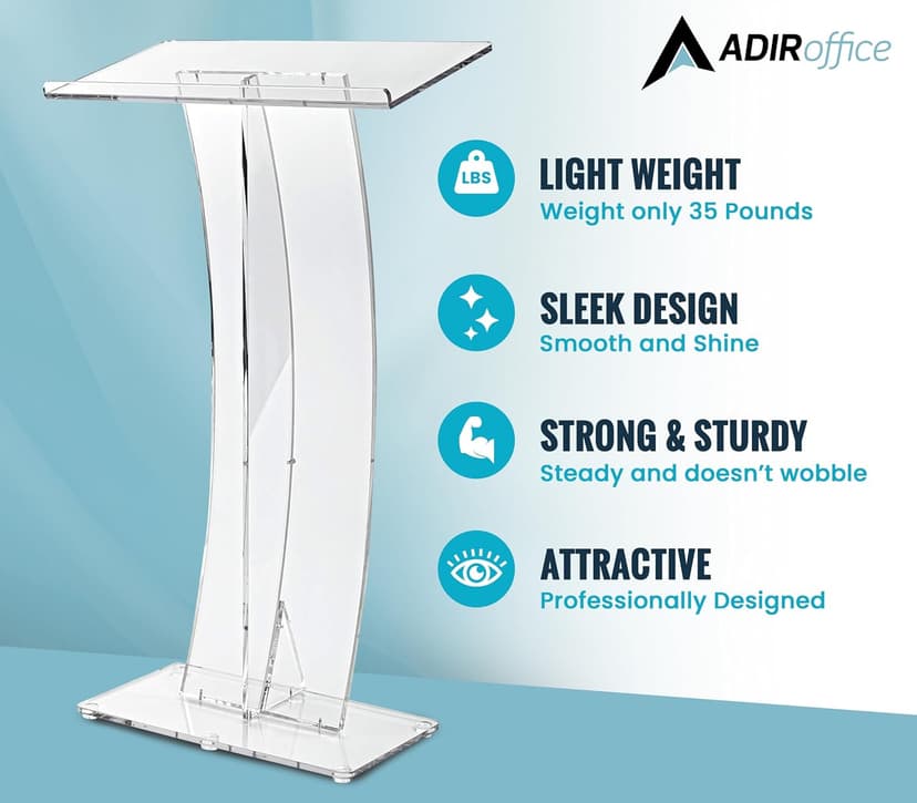 AdirOffice Clear Acrylic Podium, Ideal for use as Pulpits for Churches, Podium Stand for Wedding, or as Acrylic Lectern