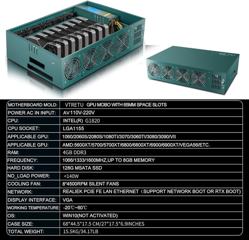 8GPU Mining Rig Complete Crypto Miner with Windows10,Including 8GPU Mining Motherboard 2000W Power Supply,CPU,SSD,4G RAM, 8 GPU Mining Case for ETC/LTC/XHV/Monero/Ravencoin(Without GPU)