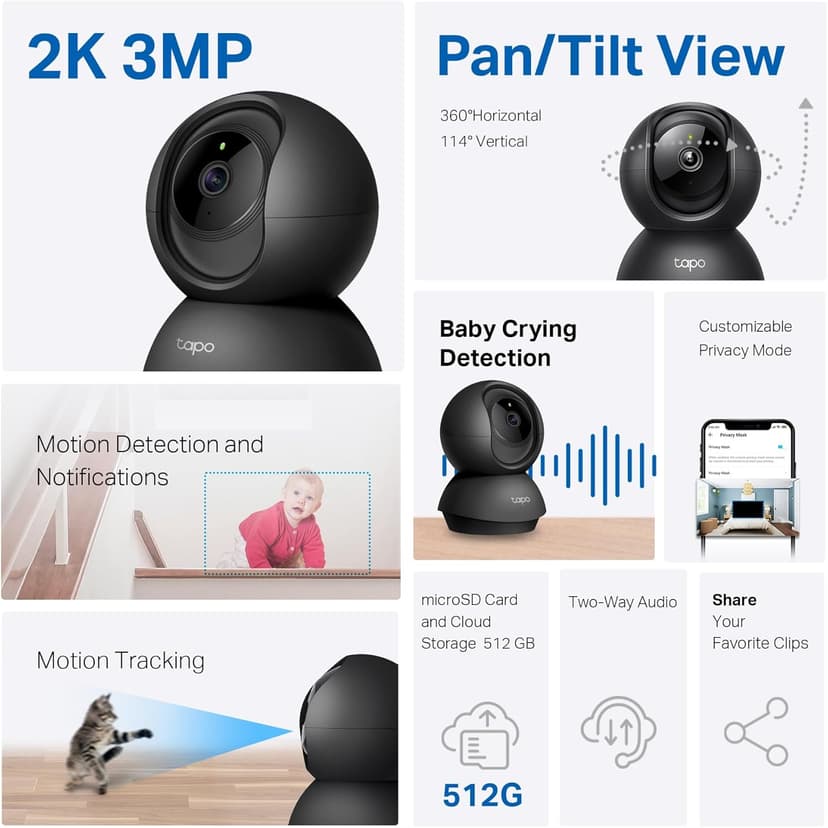 Tapo TP-Link 2K Pan/Tilt Indoor Security Camera for Baby Monitor, Pet Camera, Motion Detection & Tracking, 2-Way Audio, Cloud & SD Card Storage, Works w/Alexa & Google Home, Black, C211(2-Pack)