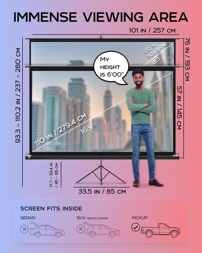 Projector Screen with Stand 120 inch - Indoor and Outdoor Projection Screen for Movie or Office Presentation - 4:3 HD Premium Wrinkle-Free Tripod Screen