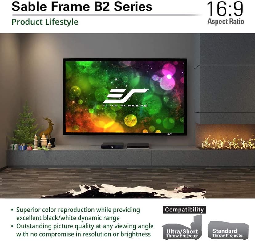 Elite Screens Sable Frame B2 Fixed Frame Projector Screen 120 inch 16 9, 4K/8K UHD, ISF-Certified CineWhite UHD-B (1.3 Gain), Wall Mounted for Standard, Short & UST Projectors, Home Theater, SB120WH2