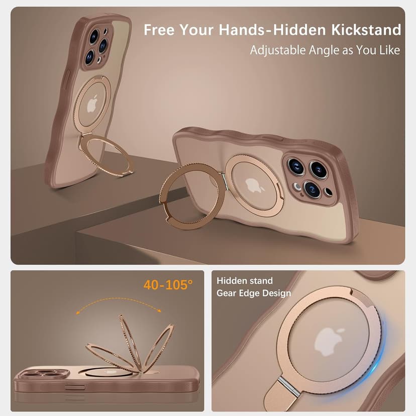 BENTOBEN for Magnetic iPhone 15 Pro Case, [Compatible with Magsafe] [Curly Wave Frame Design] Non-Slip Easier Grip Kickstand Ring Holder Protective Bumper Cute Girls Men Phone Cover, Desert Titanium