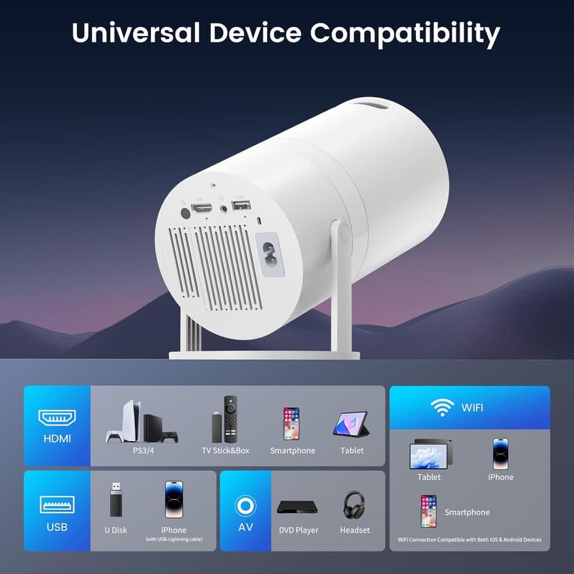 Mini Portable Projector with WiFi and Bluetooth, Movie projector 1080P HD Supported, Auto Keystone Correction, 180° Rotatable, Compatible with TV Stick, HDMI, USB, Smartphone, Laptop (White1)