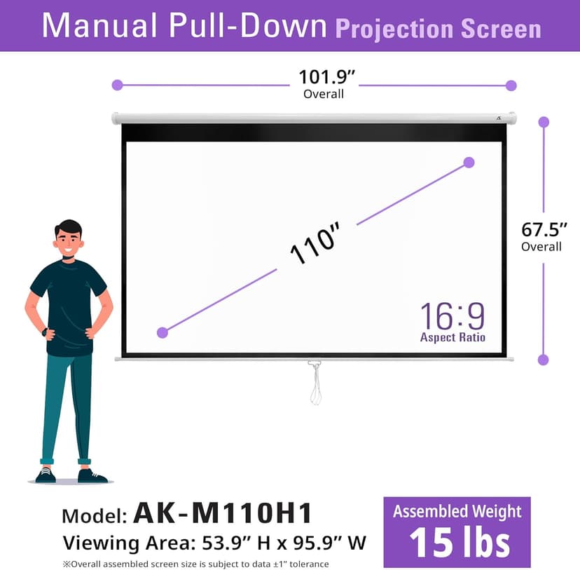 Akia Screens 110 inch Pull Down Projector Screen Manual B 16:9 8K 4K HD 3D Ceiling Wall Mount White Portable Projection Screen Retractable Auto Locking for Indoor Movie Home Theater Office AK-M110H1
