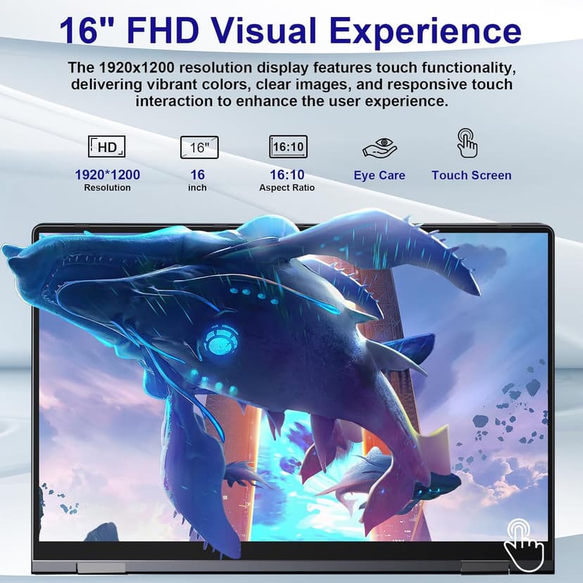 jumper Laptop 16 inch, Convertible Laptop with 1 Year Office 365, 16GB DDR4 640GB Storage, 360 Degree Rotation, Fingerprint Reader, Backlit Keyboard, Celeron N5095, 53.2WH, Type-C Full Function ﻿