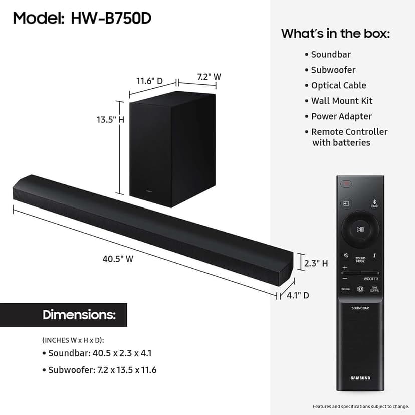 Samsung HW-B750D/ZA 5.1 ch Soundbar w/ Dolby Audio, Surround Sound expansion, Bass Boost, Adaptive Sound, DTS Virtual:X, Wireless Subwoofer, 2024