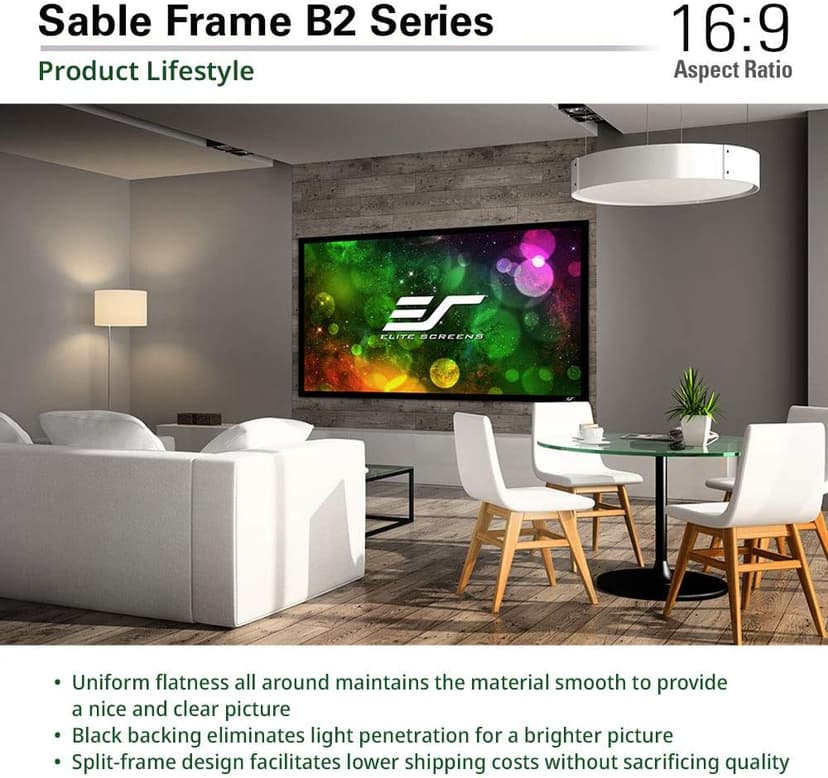Elite Screens Sable Frame B2 Fixed Frame Projector Screen 120 inch 16 9, 4K/8K UHD, ISF-Certified CineWhite UHD-B (1.3 Gain), Wall Mounted for Standard, Short & UST Projectors, Home Theater, SB120WH2