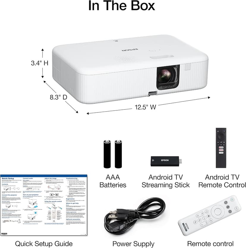 Epson EpiqVision Flex CO-FH02 Full HD 1080p Smart Streaming Portable Projector, 3-Chip 3LCD, 3,000 Lumen Color/White Brightness, Android TV, Bluetooth, 5W Speaker, Home Entertainment (Renewed)