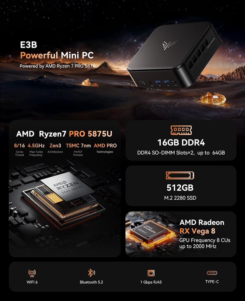 KAMRUI Mini PC with AMD Ryzen 7 PRO 5875U, 16GB DDR4 512GB M.2 SSD Mini Computer, Mini Gaming PC with USB Type-C, Desktop Computer Supports Triple 4K Display, WiFi 6, BT 5.2