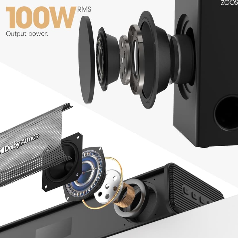 2.1CH Dolby Atmos Soundbar 100W Sound Bars for Smart TV Subwoofer Included Bluetooth 5.3 with HDMI-EARC/Optical/AUX Connection Game Mode Surround Home Theater Audio for TV