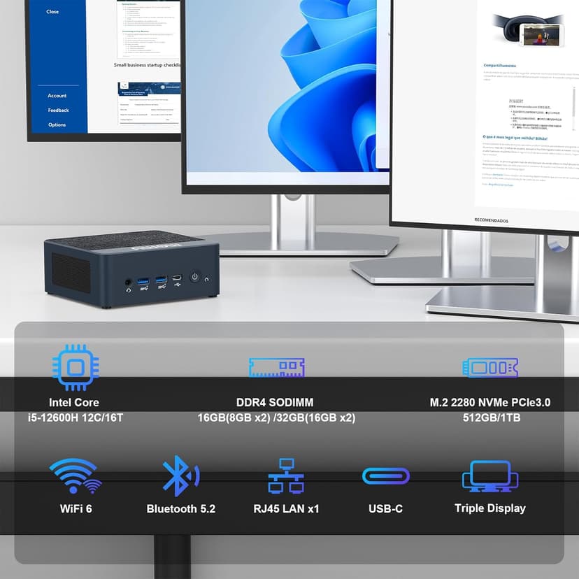 AWOW Mini PC Intel Core i5 12600H(12C/16T, up to 4.5GHz), HI12 Mini Computers 16GB DDR4 512GB PCIe3.0 SSD, Mini Desktop Computers Triple Display 4K, RJ45 2.5G LAN, Type C, WiFi 6, BT5.2
