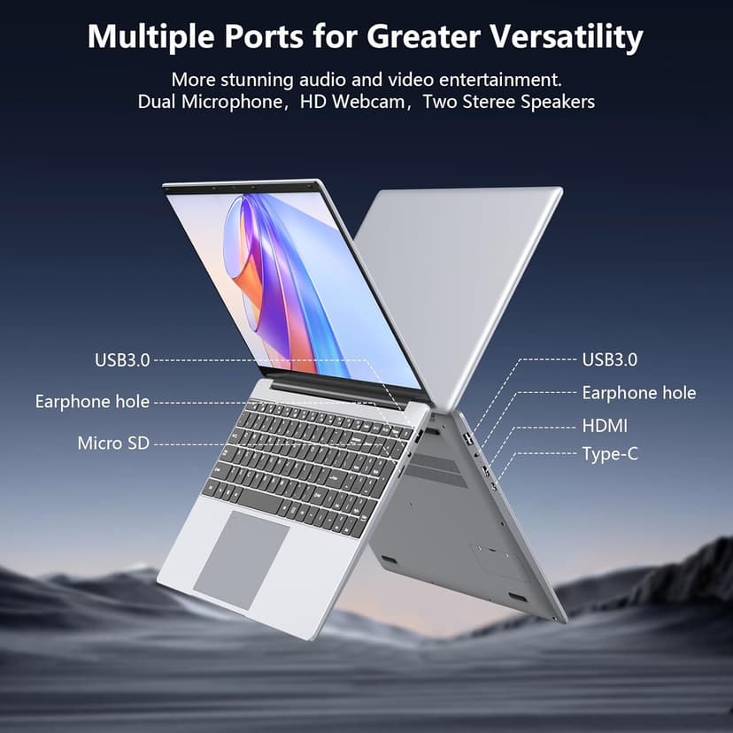 15.6 inch Laptop, 12th Alder Lake N100(Turbo 3.4GHz) Processor,12GB RAM, 512GB SSD, 2K FHD IPS Laptops, 2.4G/5G WiFi, Webcam,Full-Featured Type-C,Ultra-Thin Notebook