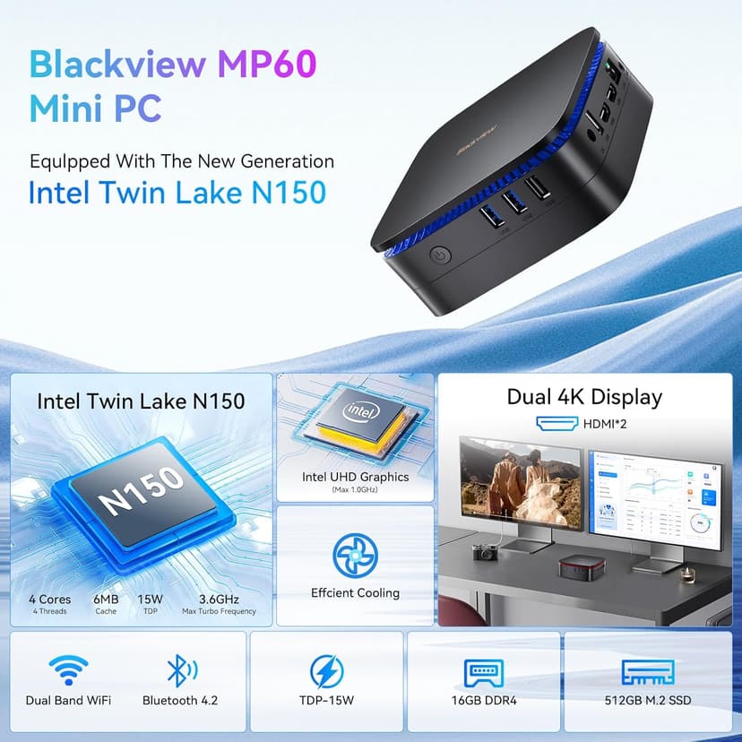 Blackview MP60 Mini PC with 13 Gen Intel N150, 16GB DDR4 512GB M.2 SSD Mini Desktop Computer, 4K Dual Display/2*HDMI, Big Fan+LED Breathing Light+Removable Base, VESA for Home&Office