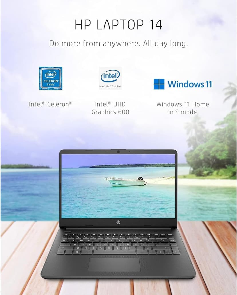 HP New 14" HD Ultra Light Thin Laptop, Quad-Core Intel Celeron Processor, 4GB RAM, 128GB (64GB eMMC+ 64GB Card), Wi-Fi, Upto 11 Hours, Windows 11 S + 1 Year Office 365+HubxcelAccessory, Black