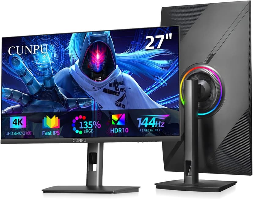 27 Inch 4K 144Hz Gaming Monitor, UHD 3840x2160 Fast IPS Panel PC Monitor, 135% sRGB, HDR400Nit, Freesync & G-sync, Support PS5 120Hz VRR, HDMI 2.1,DP 1.4, Height/Vertical Adjustment