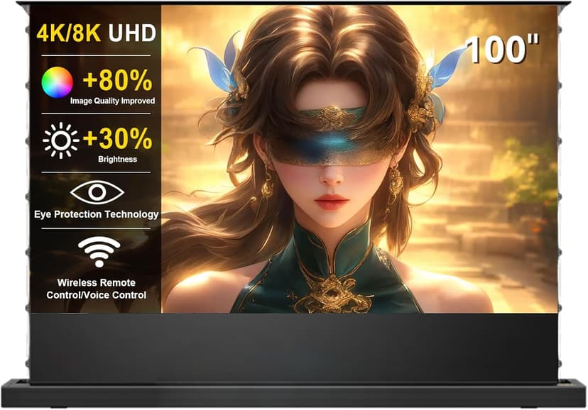 IN&VI 100" Motorized Floor Rising Projector Screen for UST Long/Standerd Throw Projector,Matte White Projector Screen Motorized for Home Theater,Movie Screen 4K/8K Ultra HD Active 3D