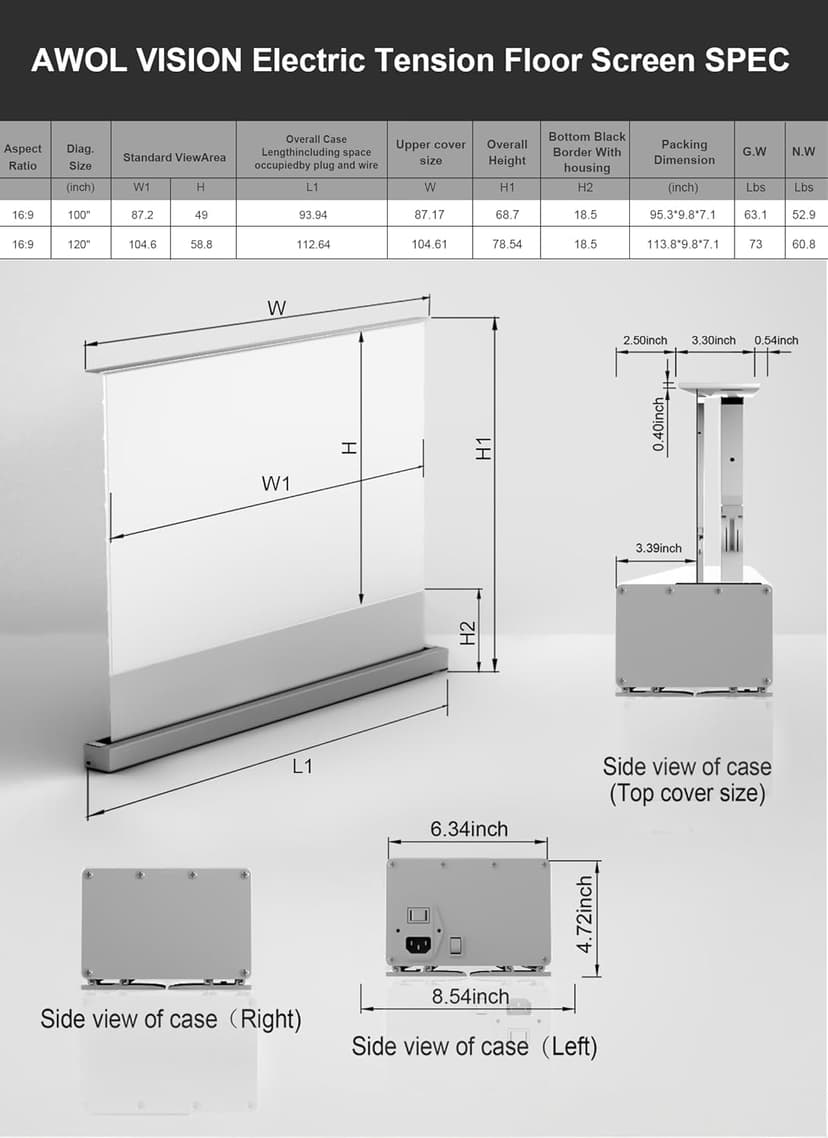 AWOL VISION 120" Motorized Rising Matte White Projector Screen for Long Short Ultra Short Throw Projector, Floor Stand Indoor Outdoor Theater Screen, 170°+ Viewable 4K/8K Ultra HD MW-F220