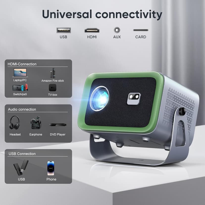 【Auto Focus/Keystone】4K Projector with WiFi and Bluetooth, 360° Rotating Movie Projector, Portable Projector with 200 ANSI, Outdoor Projector for Phone/PC/TV Stick/DVD/USB/HDMI