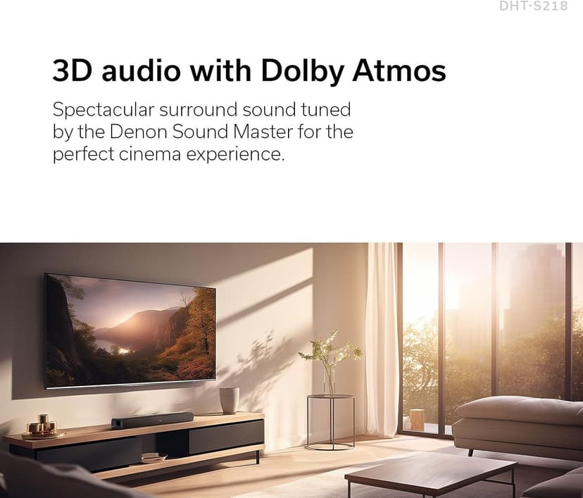Denon DHT-S218 Sound Bar (Black), 2.1-Channel, 3D Audio with Dolby Atmos, 2 Built-in Subwoofers, Dual Midrange Drivers & Tweeters, 4K UHD HDMI with eARC, Dialog Enhancer, Multi-Pairing & Multi-Point