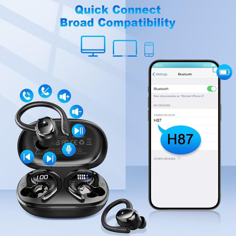 Wireless Earbuds Sport, 2025 Bluetooth 5.4 Headphones with Earhooks, 50H Stereo Deep Bass Over Ear Buds with 4 ENC Noise Canceling Mics, IP7 Waterproof Earphones for Running Workout Gym -Black