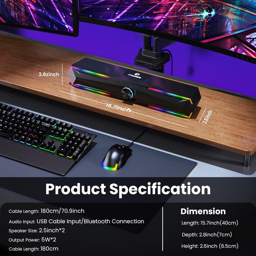 Bluetooth Computer Speakers for Desktop with Clear Sound, Flowing LED Computer Speaker for Desktop Laptop Monitor, Bluetooth & USB Input Black