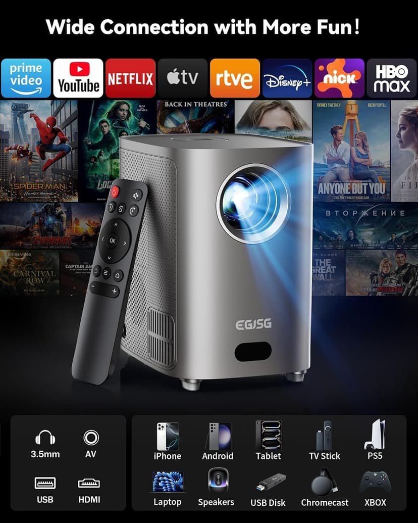 [One-Button Focus] Mini Projector with 5G WiFi and Bluetooth, 4K Outdoor Smart Projector with Carry Bag, Portable Movie Projector with Zoom, Home Theater Projector for Phone/TV Stick/PC