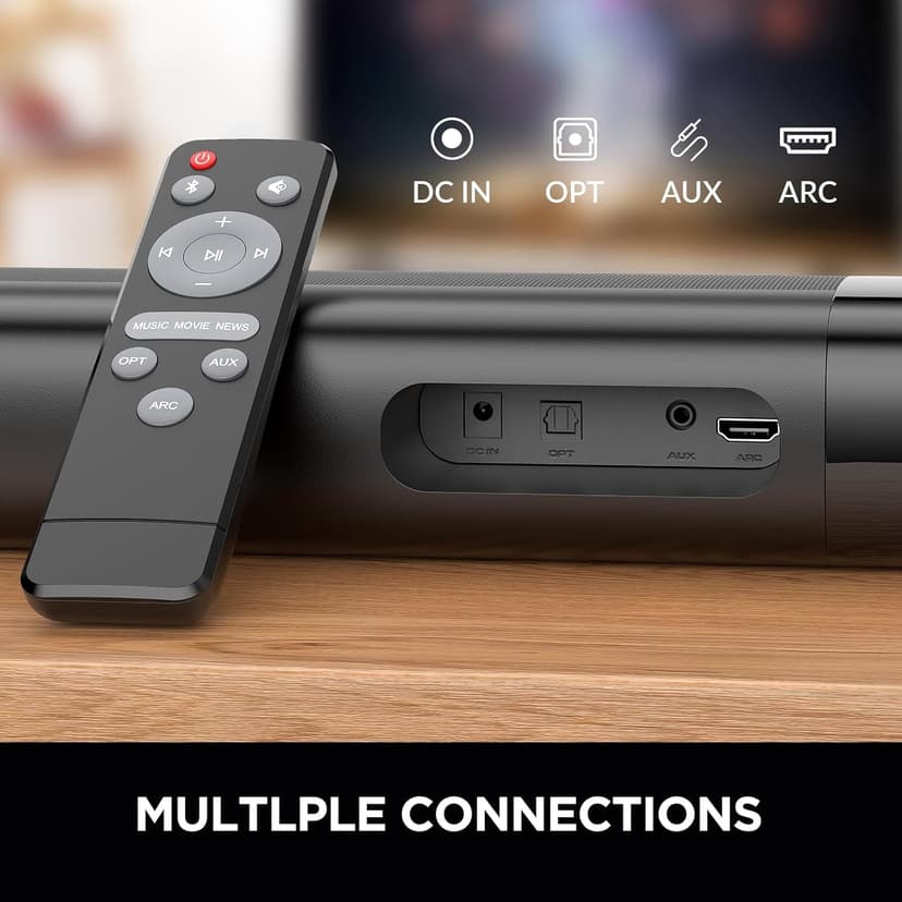 Sound Bar for Smart TV, Soundbar with Bluetooth/ARC/Opt/AUX Connect, Auto Volume Boost, 3 Equalizer Modes, 2 in 1 Detachable Soundbar for TV/PC/Gaming/Projectors