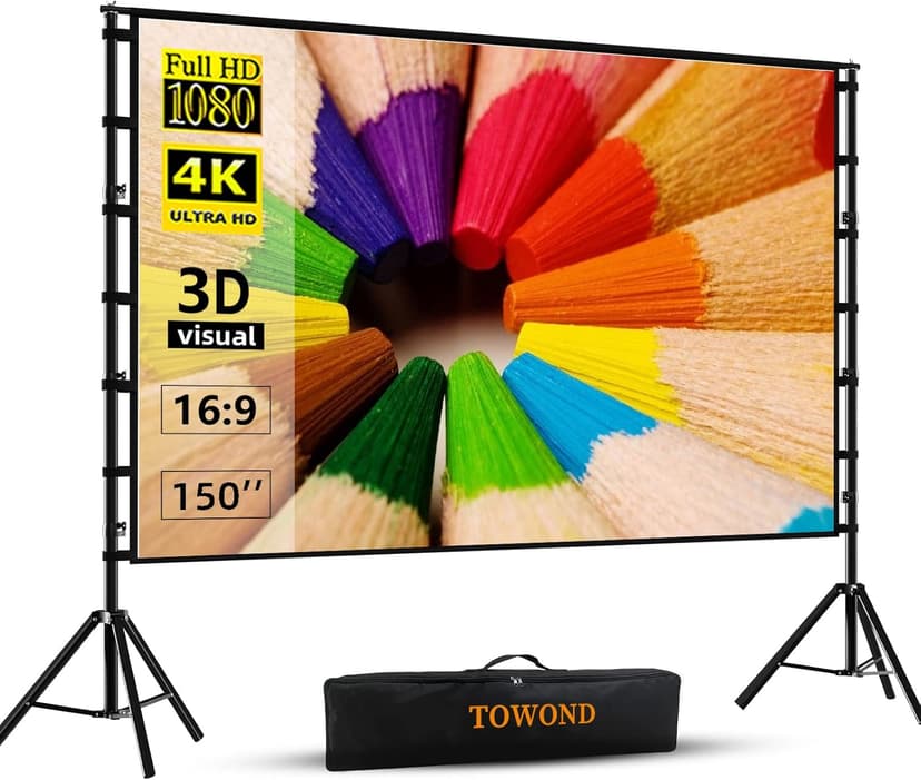 Projector Screen and Stand,Towond 150 inch Indoor Outdoor Projection Screen, Portable 16:9 4K HD Rear Front Movie Screen with Carry Bag Wrinkle-Free Design for Home Theater Backyard Cinema