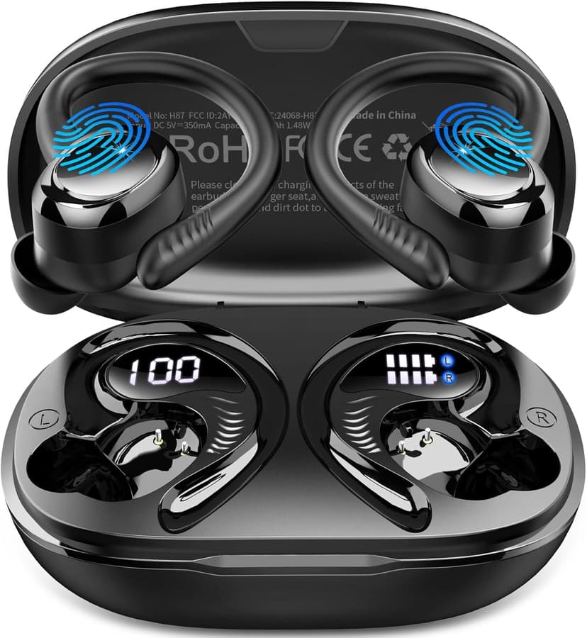 Wireless Earbuds Sport, 2025 Bluetooth 5.4 Headphones with Earhooks, 50H Stereo Deep Bass Over Ear Buds with 4 ENC Noise Canceling Mics, IP7 Waterproof Earphones for Running Workout Gym -Black