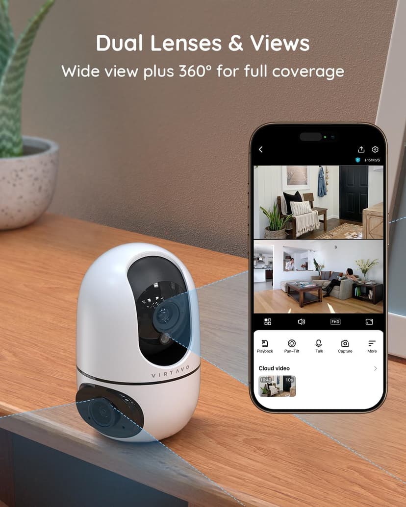 virtavo XD1 Indoor Security WiFi Camera, Wireless, Dual-Lens 360° PTZ Baby Monitor & Pet Cam, Motion Tracking, 2-Way Audio, Night Vision, Cloud/SD Storage, Phone App