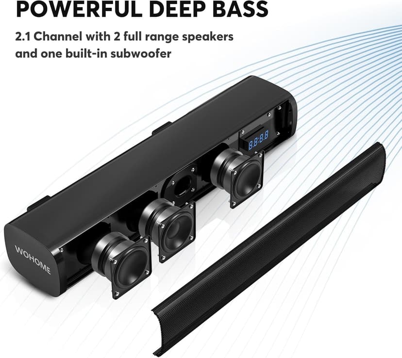 Wohome 2.1ch Small Sound Bars for TV with 6 Levels Voice Enhancement, Built-in Subwoofer, 16 Inches Bluetooth 5.3 Soundbar Speakers with Optical/AUX/USB Connection, S100