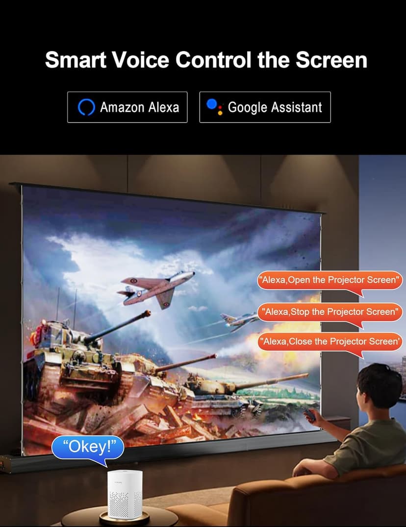 IN&VI 100" Motorized Floor Rising Projector Screen for UST Long/Standerd Throw Projector,Matte White Projector Screen Motorized for Home Theater,Movie Screen 4K/8K Ultra HD Active 3D