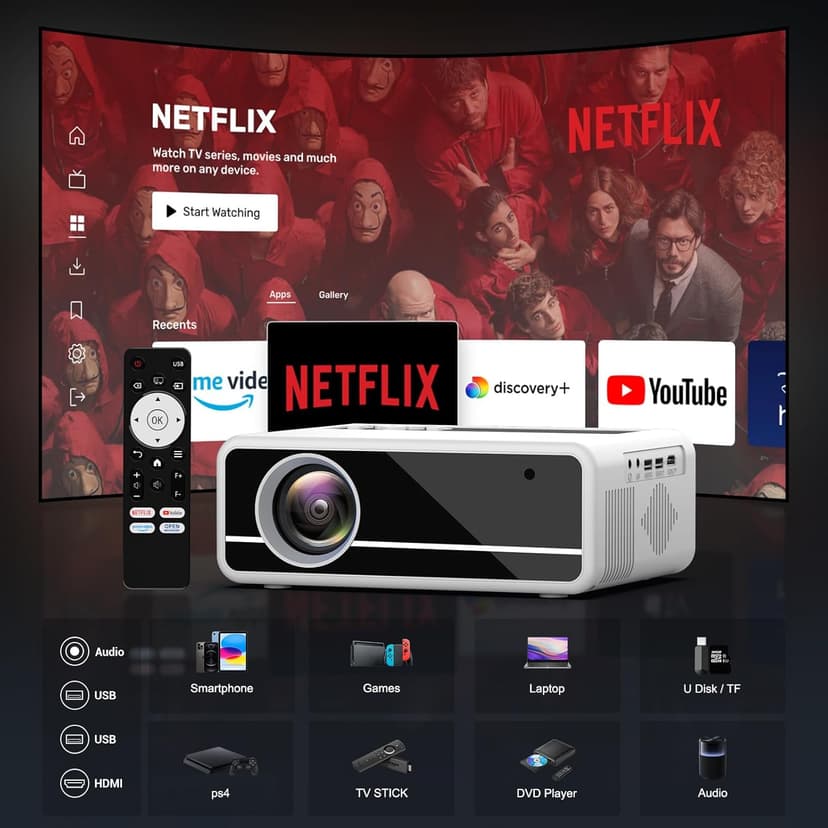 Netflix-Officially-Licensed PANSEBA 4K Smart Projector with WiFi and Bluetooth, Outdoor Projector with Auto Keystone, Portable Movie projector with 2S Focus, Home Projector for Game/Phone/Laptop