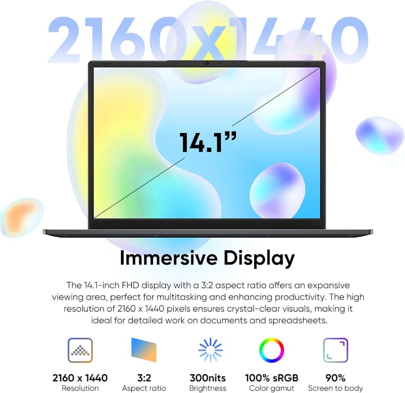 14.1" Laptop 16GB RAM 512GB SSD, QHD (2160x1440) Display, Intel Core m3 8100Y (Beat Intel i3-5005u), Windows 11 Pro Notebook Computer with HDMI, Type C, Long Battery Life, MS Office 2024 - Gray