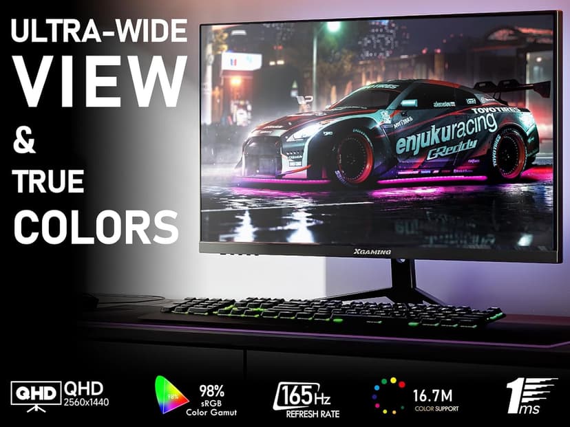 memzuoix 27 inch Gaming Monitor, QHD 2560×1440p, 144Hz/165Hz 100% sRGB, 1ms, FreeSync, HDMI&DisplayPort×2, Built-in Speakers and LED Rainbow Light, VESA Mountable, Black
