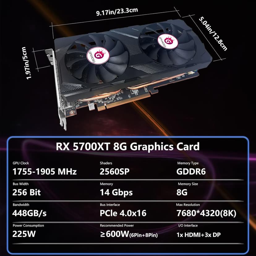 Radeon RX 5700 XT 8GB Graphics Card GDDR6 2560SP 256bit Computer Graphics Cards GPU PCI-e 4.0 x16 HDMI/DisplayPort*3 Interface,AMD Video Cards for PC Gaming and Office, Support Up to 8K