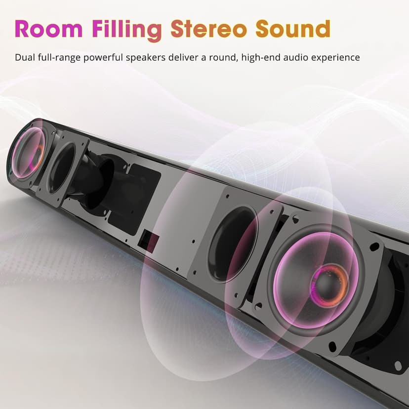 BESTISAN Soundbar, TV Sound Bar with Wired HDMI and Wireless Bluetooth 5.0 Home Theater System (28 Inch, Enhanced Bass Technology, 3-Inch Drivers, Bass Adjustable, Wall Mountable, DSP)