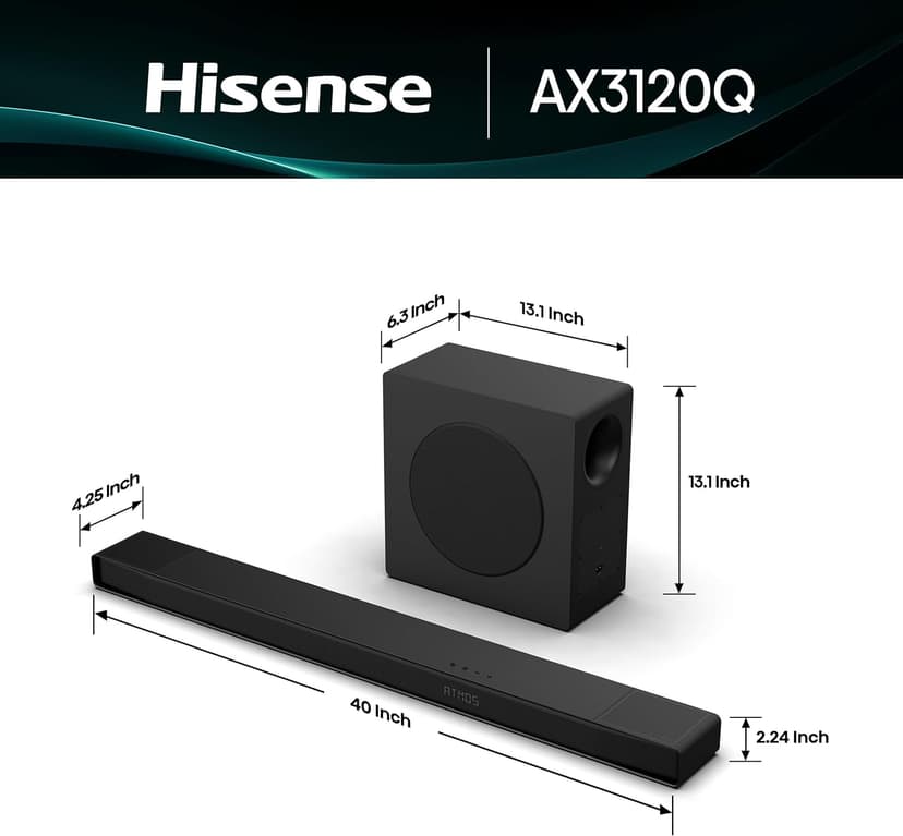Hisense AX3100Q 3.1Ch Sound Bar with Wireless Subwoofer, Dolby Atmos, DTS:X, Bluetooth 5.3, Roku TV Ready, HDMI/AUX/ARC/Optical/USB, EzPlay, Ez UP, 7 EQ Modes