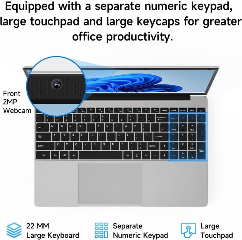 15.6 Inch Laptop with Office 365, 4GB RAM, 128GB Storage Expandable 1TB, 5205U Processor, HD Display, Windows 11 Laptops Computer, Wi-Fi 5, BT4.2, Numpad, Type-C, for Business and Students.