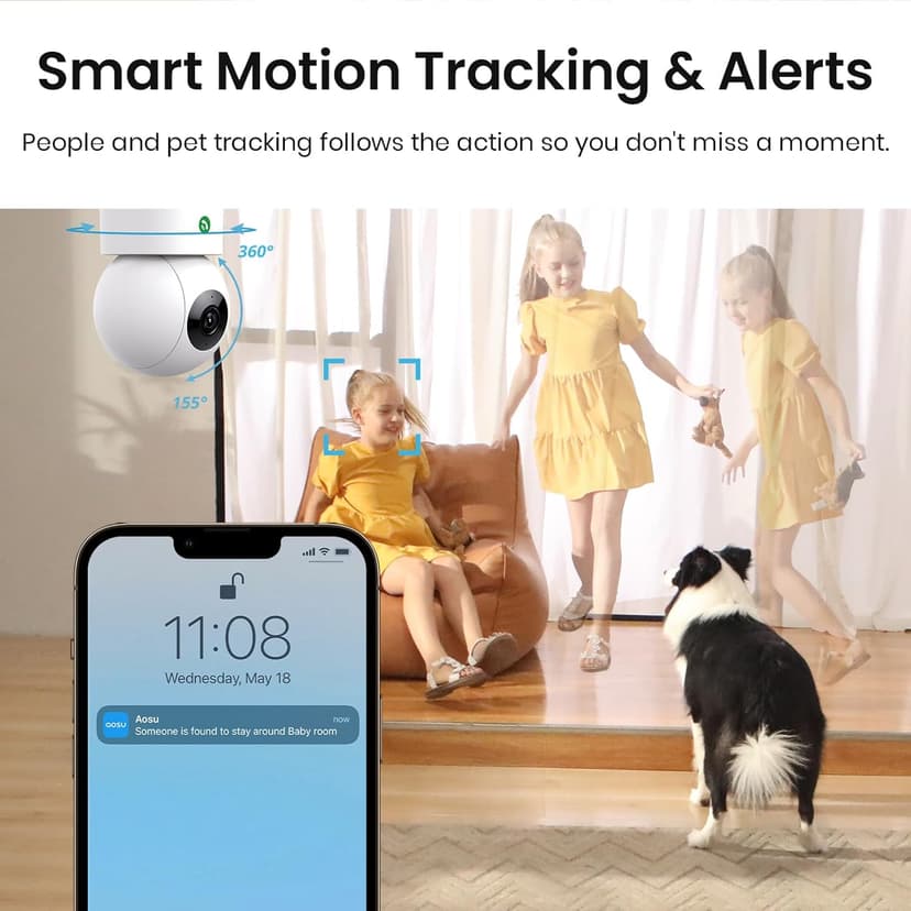 AOSU 4MP Security Camera Indoor - 2.5K Baby Monitor Pet Camera 360° for Home Security with 5/2.4 GHz Wi-Fi Router, One-Touch Call, Smart Motion Tracking (2 Pack)