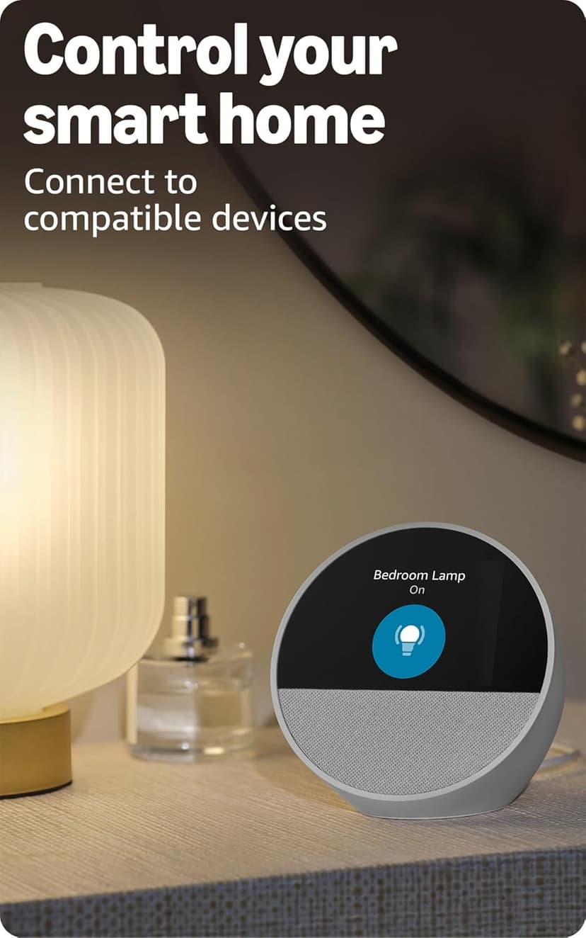 Amazon Echo Spot (newest model), Great for nightstands, offices and kitchens, Smart alarm clock with Alexa, Glacier White
