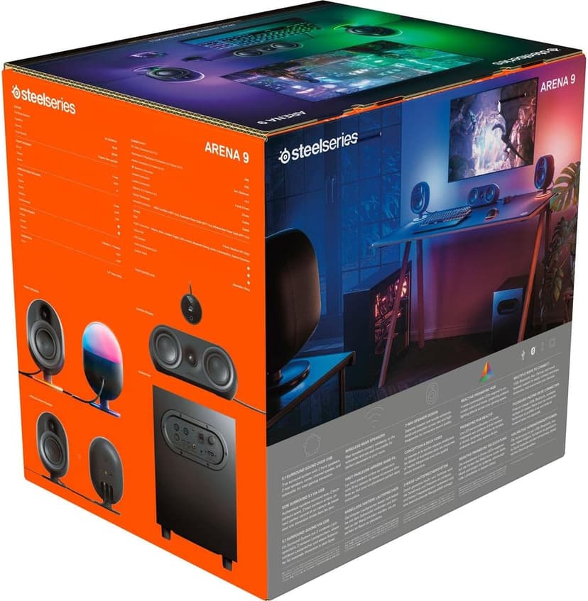 SteelSeries Arena 9 Illuminated 5.1 Desktop Gaming Speakers – 5.1 USB Surround Sound – Wireless Rear Speakers – 2-Way Speaker Design – Subwoofer – RGB Light, Bluetooth – PC, PlayStation, Mobile, Mac