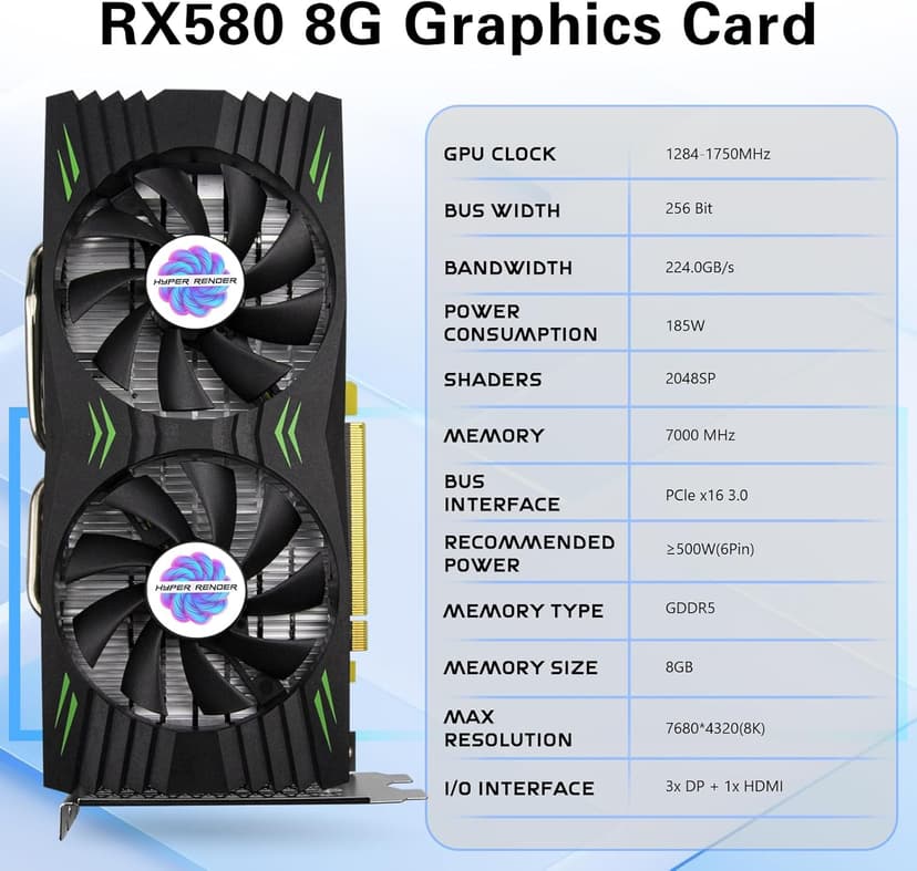 RX 580 Graphics Card 8GB 2048SP GDDR5 256 Bit PC Gaming Video Card 3*DP 1*HDMI PCI Express 3.0 with Freeze Fan Stop for Desktop Computer GPU for Gaming PC