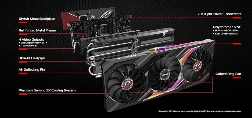 ASRock AMD Radeon™ RX 7900 XT Phantom Gaming 20GB OC Graphics Card 320 Bit 7680 x 4320 0dB Silent Cooling 3 x DisplayPort™ 2.1 GDDR6 1 x HDMI™ 2.1 20Gbps PCI Express 4.0