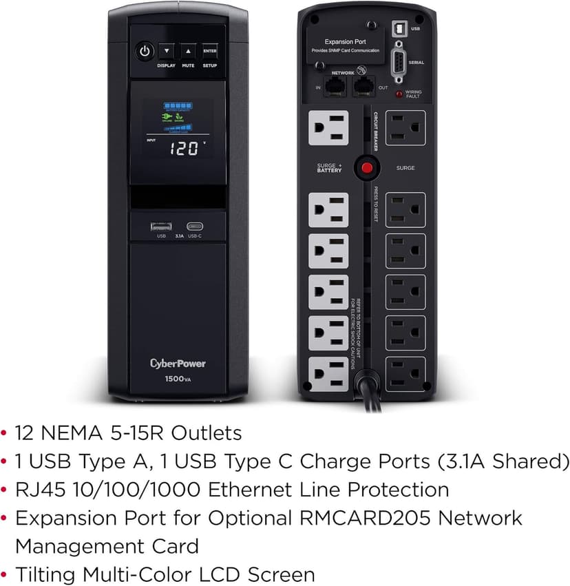CyberPower CP1500PFCLCD PFC Sinewave UPS System, 1500VA/1000W, 12 Outlets, AVR, Mini Tower,Black