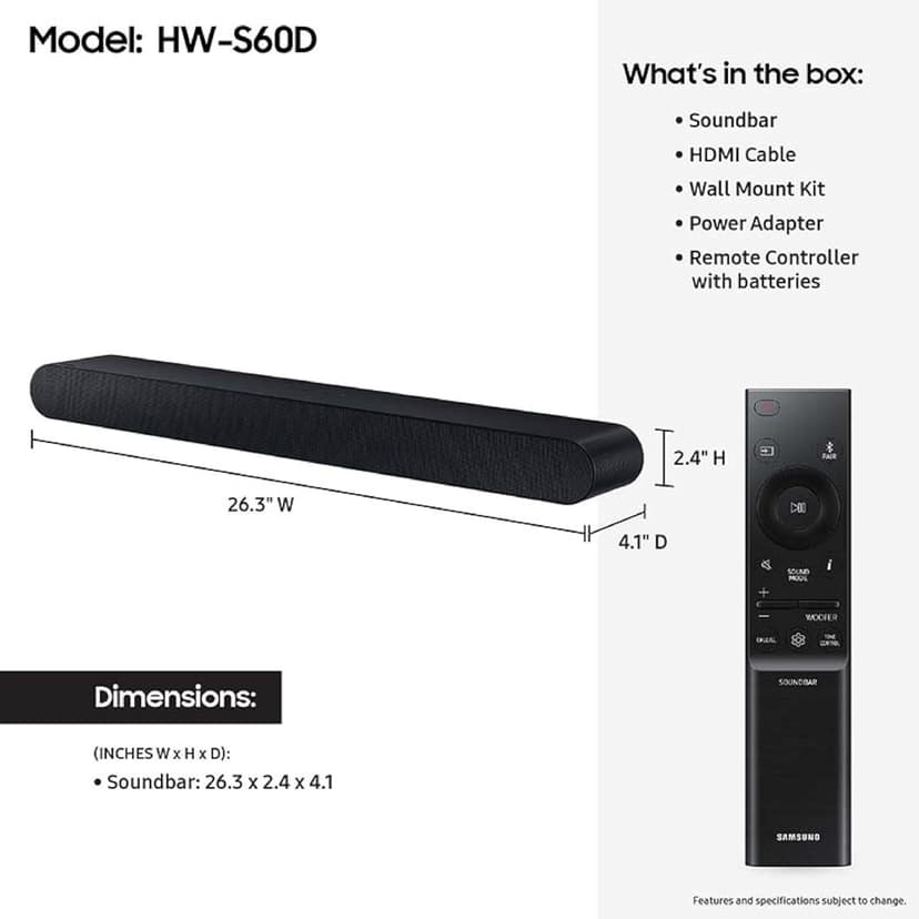 SAMSUNG S60D 5.0ch Soundbar w/Wireless Dolby Atmos Audio, All-in-One Design, Q-Symphony, SpaceFit Sound Pro, Adaptive Sound, Game Mode Pro with Alexa Built-in, HW-S60D/ZA