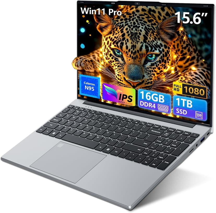 15.6 inch Gaming Laptop 2025, Laptop Computer with N95 Quad-Core up to 3.4GHz, 16GB DDR4 1TB SSD, Backlit Keyboard, Fingerprint Unlock, FHD 1920 * 1080, WiFi5, BT4.2, Win 11 Pro(Silver)